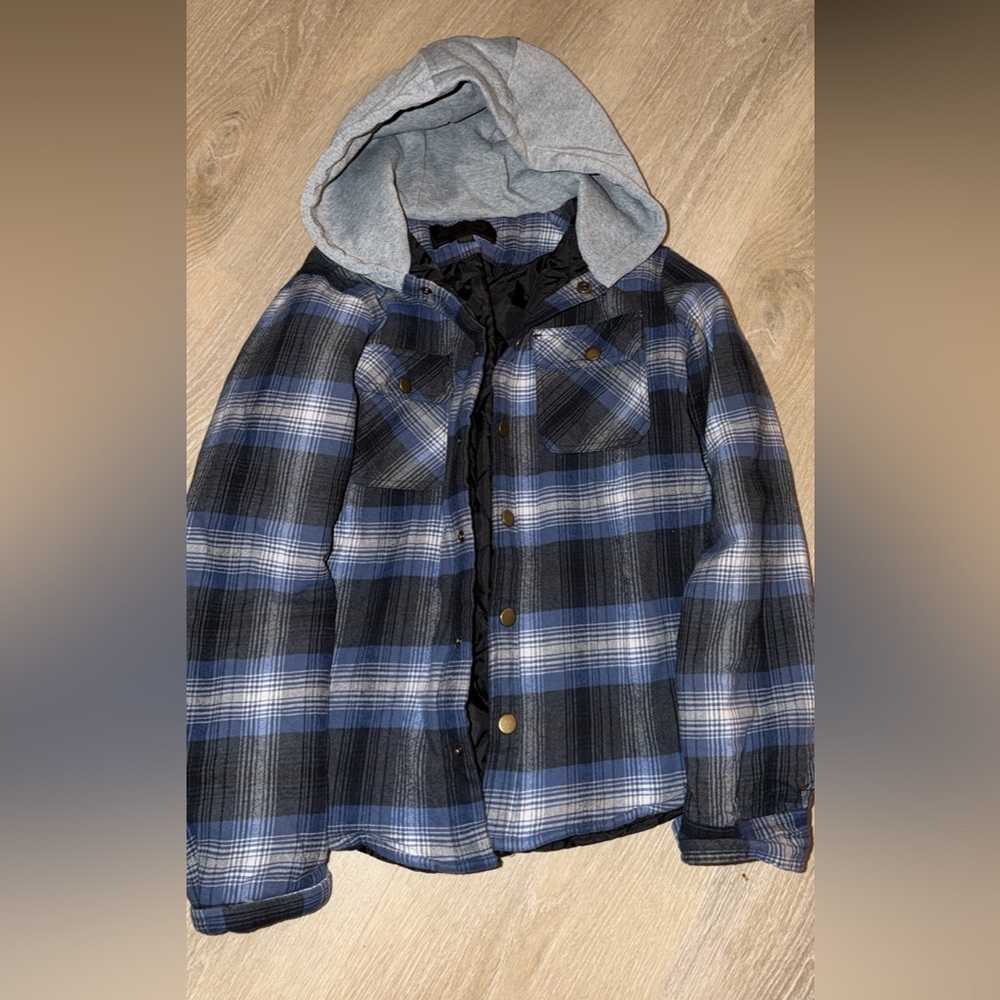 Blue and Gray Plaid Hooded Jacket